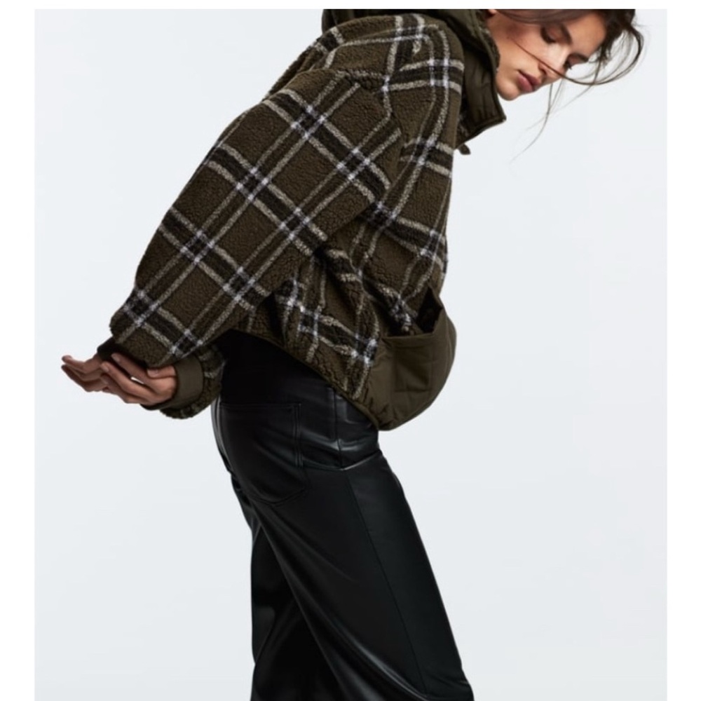 Zara Plaid Combination Hooded High Neck Jacket Olive XS Pocket